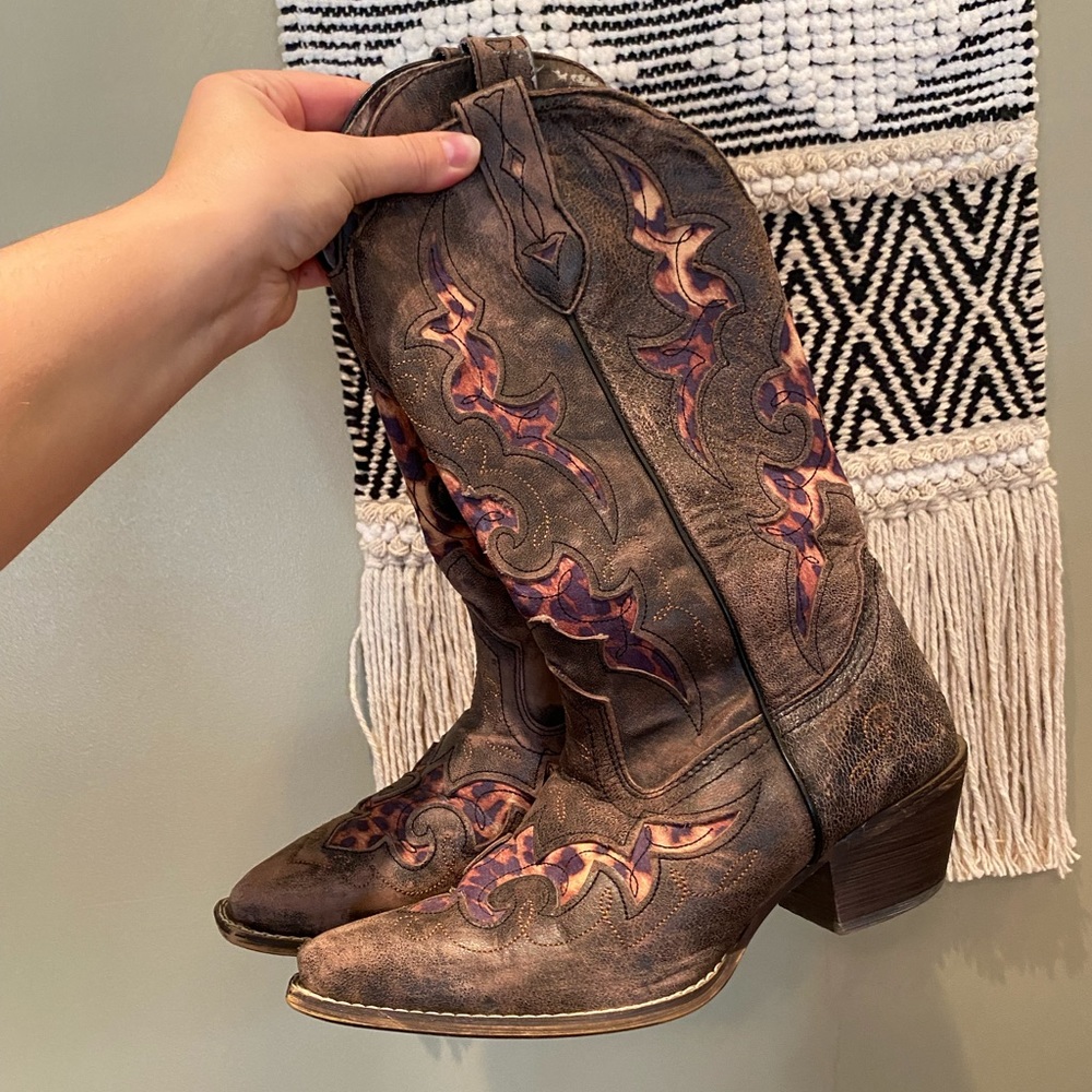 LAREDO WOMENS BOOTS LEOPARD INLAY COWBOY TAN 6.5